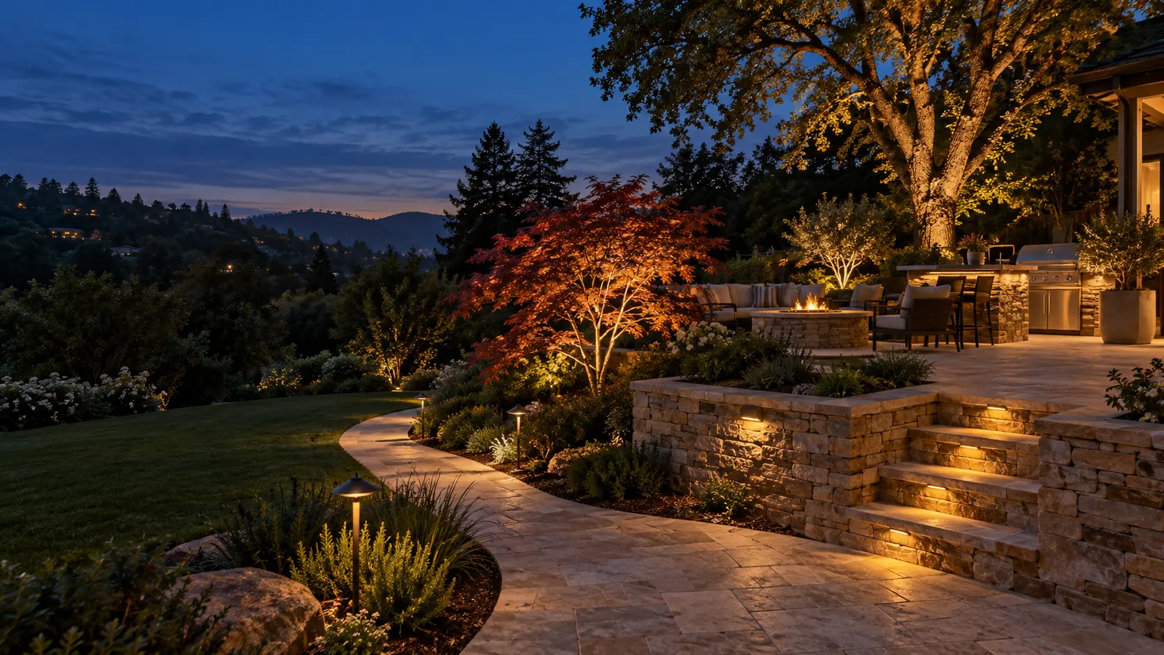 Backyard at twilight with landscape lighting, stone walls and a fire pit